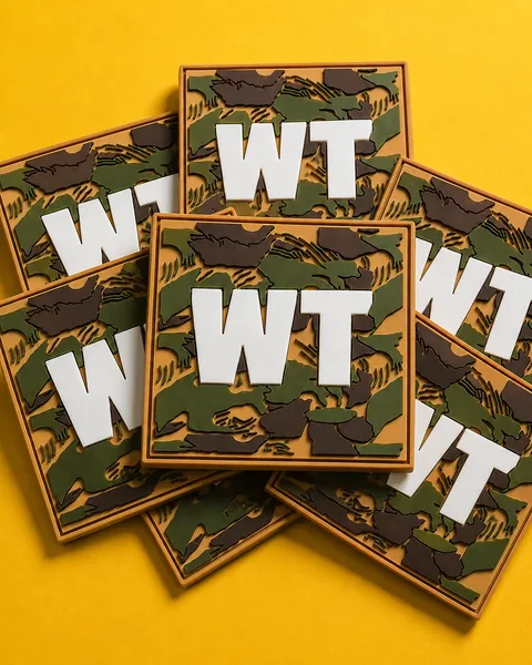 Stacked WT camo PVC patches on yellow background